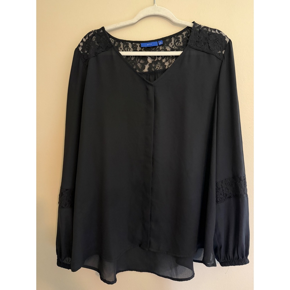 Apt. 9 Womens Black Lace V-Neck Long Sleeve Blouse XL High Low Hem Top
